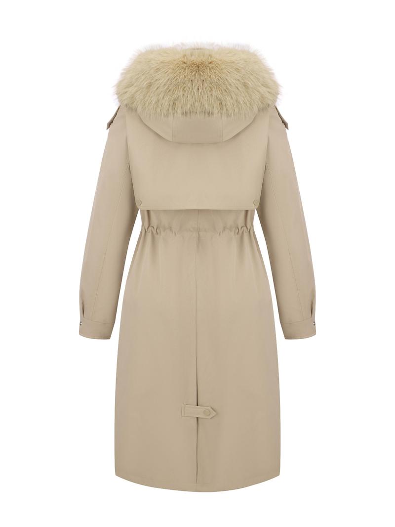 Women's Fall & Winter Faux Fur Hooded Coat, Long Drawstring Commuter Jacket, Casual Plain Design, Fitted Outerwear for Daily Wear