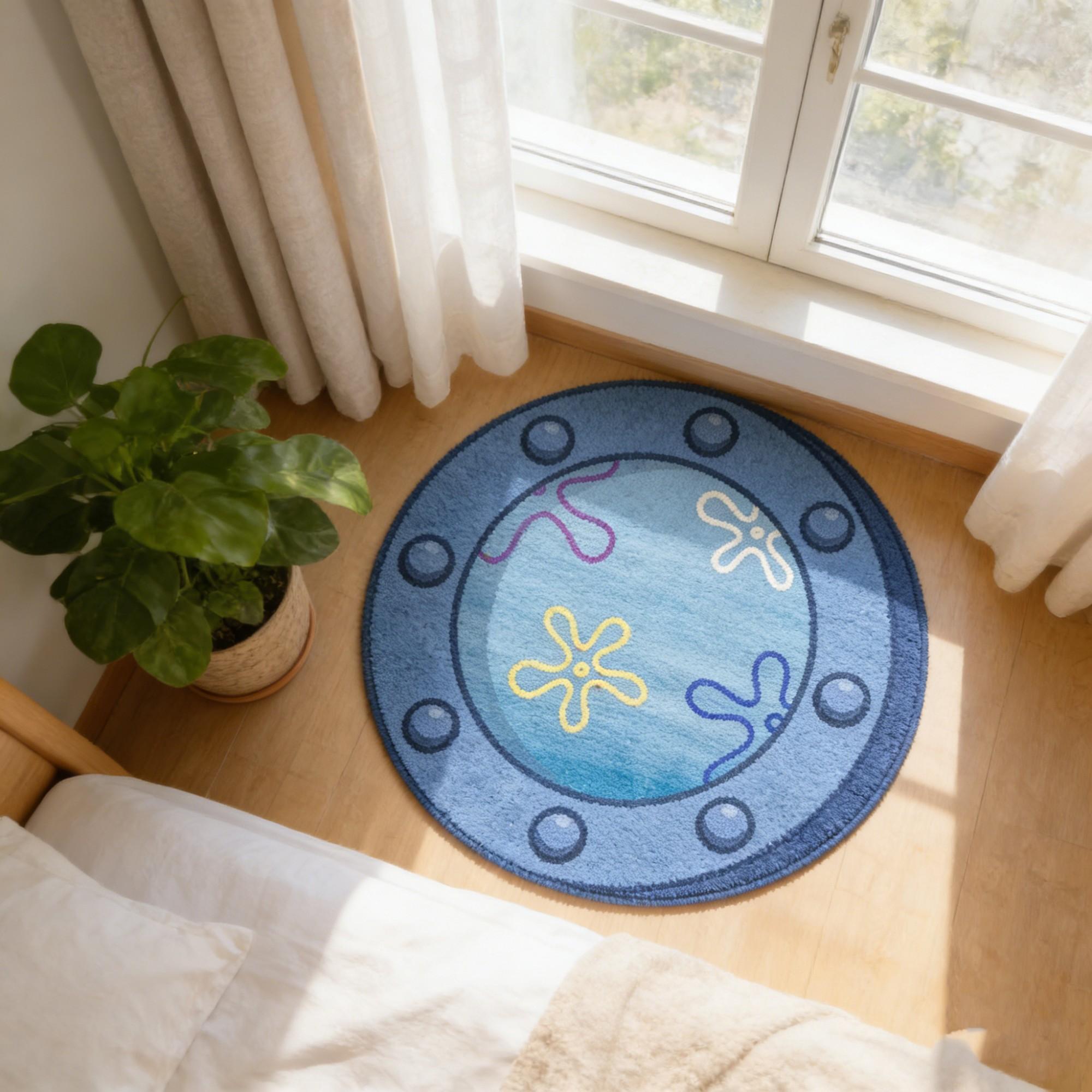 Circular Rug with Underwater Elements Design, Anti-Slip Carpet for Game Room, Bedroom, Living Room, Kitchen, Casual Style Home Decor