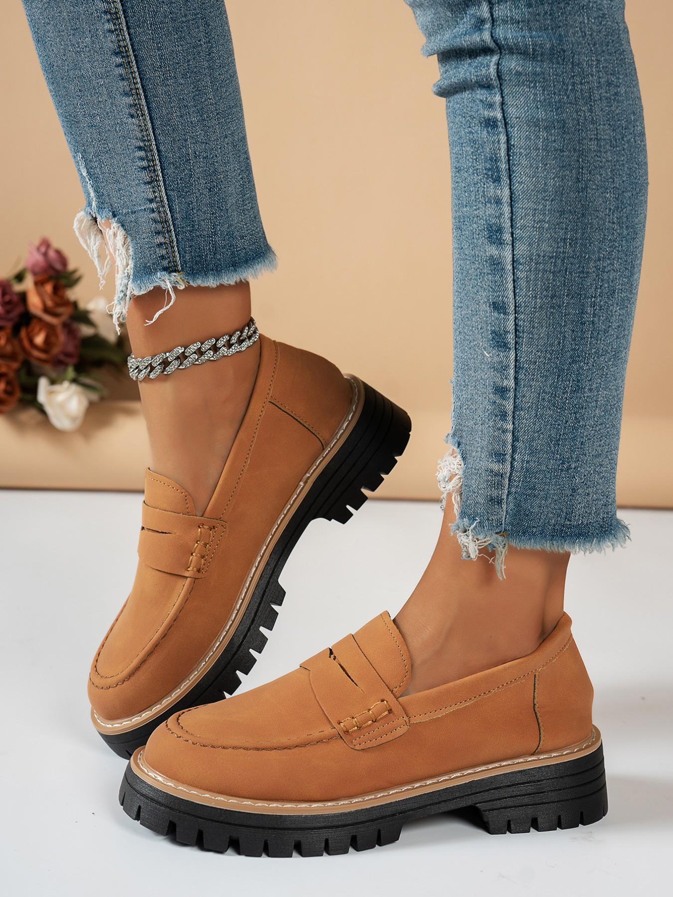 Women's Thick Sole Loafers, PU Leather Loafers, Platform Loafers, Slip-On Design, Casual Style, Height Increasing Comfort, Perfect for Commuting, Leisure Outings, Light Social Events, Casual Flats