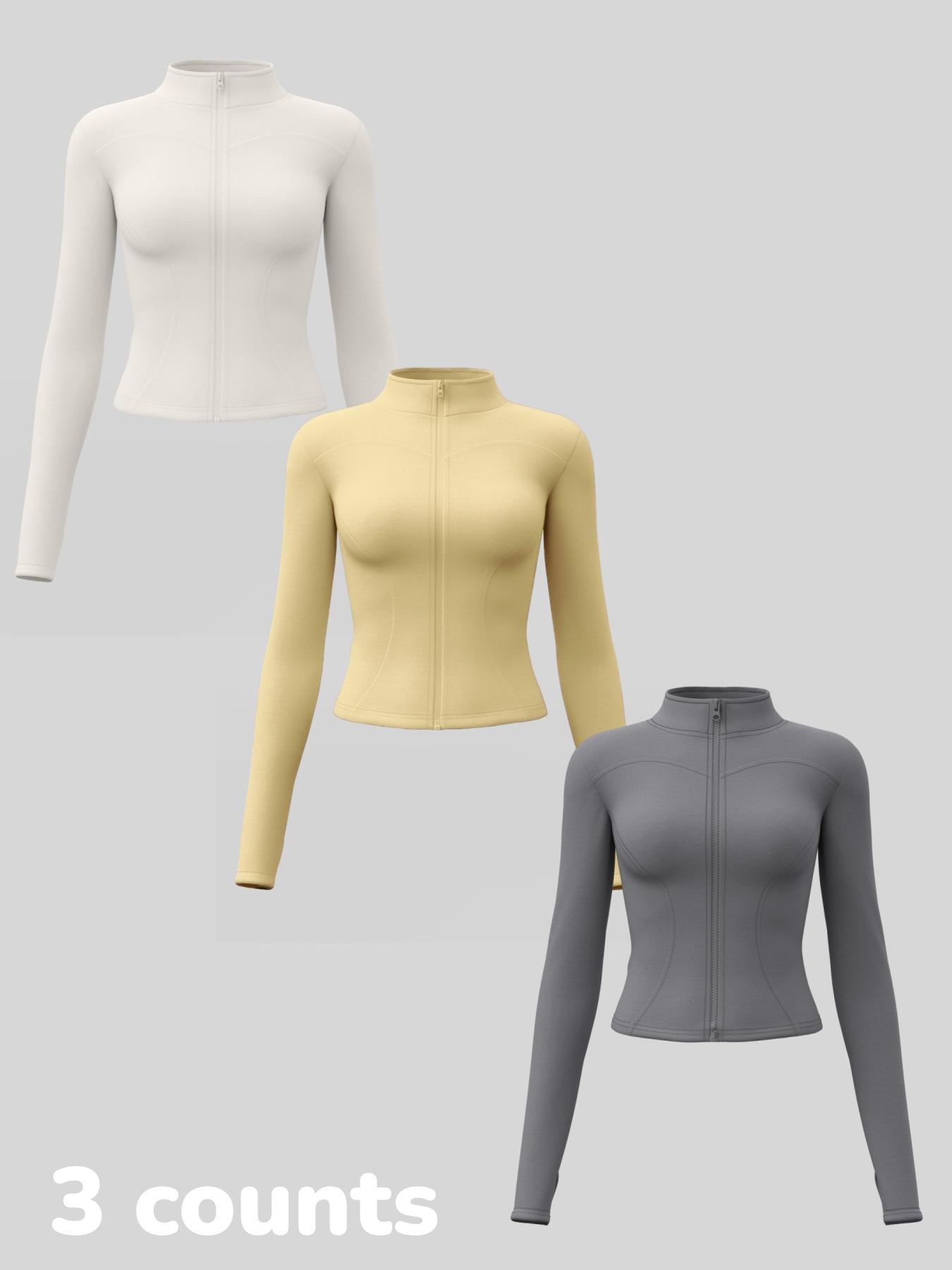 Women's Long Sleeve Yoga Jacket Set, Sports Outerwear, High Neck Zipper Closure, Quick-Dry Fitness Top, Tight-Fitting Sports Wear, Athletic Sports Clothing, 3 Piece Pack
