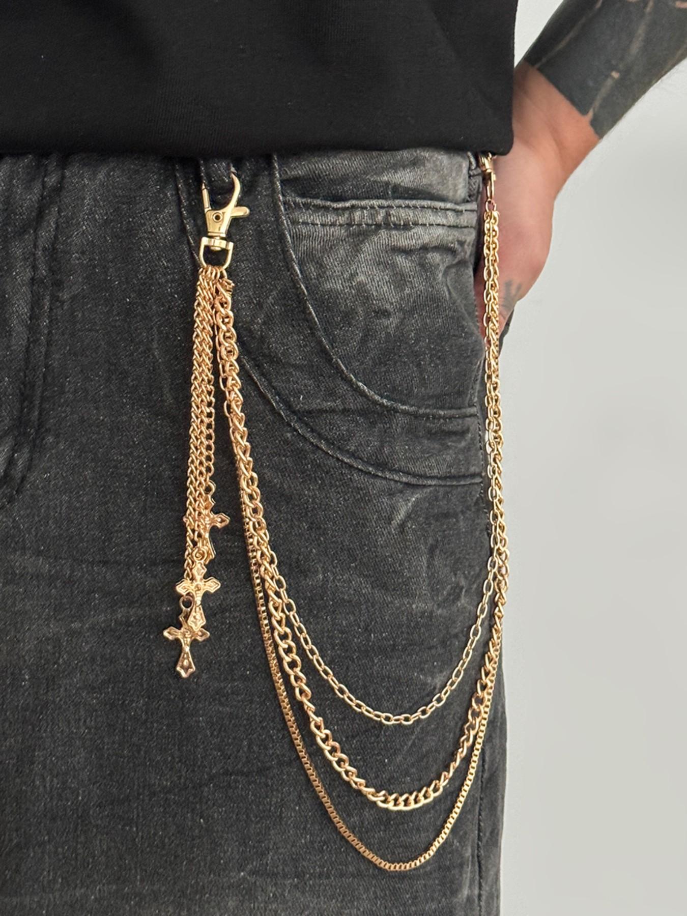 Men's Cross Charm Layered Chain Belt, Punk Style Jeans Chain, Western Buckle Belt, Fashion Belt for Party, Daily Clothing Decor, Trendy All-match & Exquisite Belt for Birthday Gift