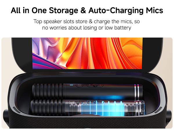 Ikarao Shell S2 Portable Bluetooth Karaoke Machine Device - 140W Stereo Sound System, Built-in Screen with Lyrics Display, 2 Self-Charging Wireless Microphones, Bluetooth and App Compatibility Speakers, TV Connectivity, Outdoor Audio for Home, Party Use s