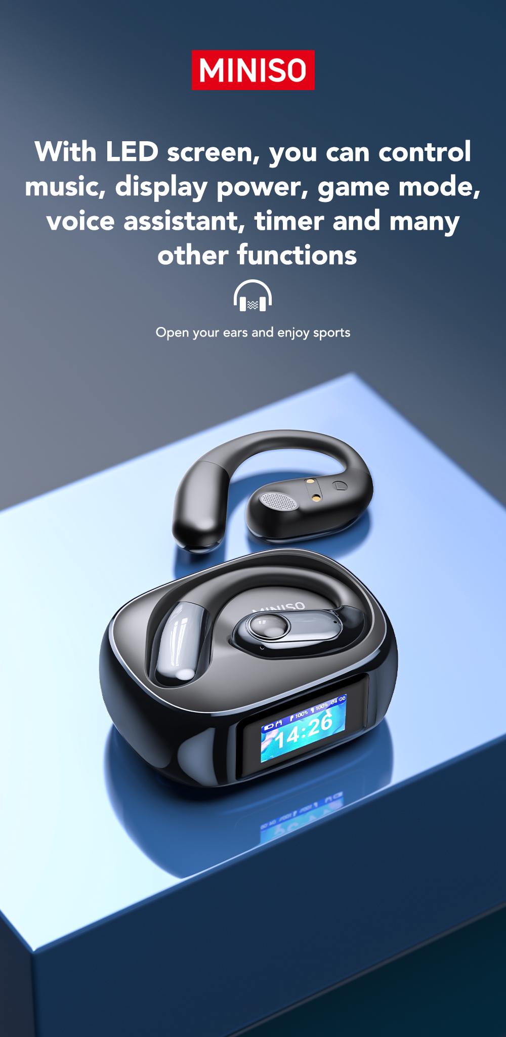 MINISO ms193 True Wireless Earphones,LCD Full Color Display Charging Case,OWS Open Ear Headphones Waterproof Bluetooth Earbuds,Support Playing Music Gaming