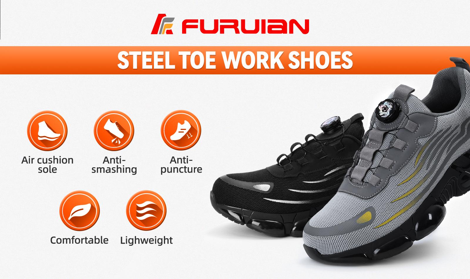 Furuian Men's Steel Toe Safety Shoes Black Air Cushion Kevlar Sole Anti-Puncture Anti-Slip Work Sneakers for Outdoor Industrial Construction