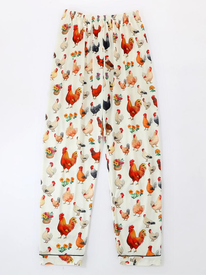Women's Chicken Print Pajama Set, Loungewear, Casual Long Sleeve Button-Up Top & Comfortable Pants, All-Season Home Wear, 2-Piece Sleepwear