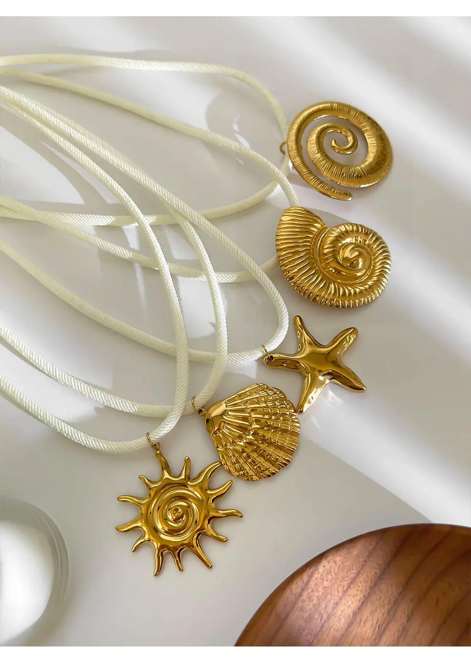 Exaggerated Stainless Steel Starfish Shell Conch Sun Pendant Necklace for Women Trendy Ocean Style Jewelry Beach Party Accessory chain stack