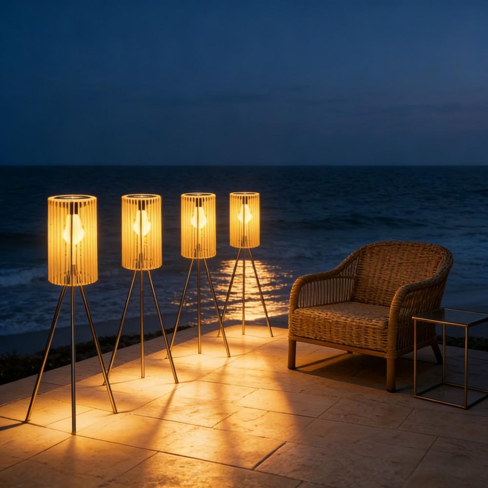 Solar-Powered Outdoor Floor Lamp Handcrafted Wicker Lantern Wrought Iron Tripod Lantern Housewarming Gift Rustic Indoor/Outdoor Decorative Lamp, These Woven Lamps Provide Decorative Lighting for Gardens, Yards, Patios, And Pathways.