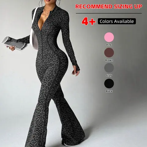 【Black Friday】Women's Seamless Leopard-Print Yoga Jumpsuit, High-Waist Butt-Lifting Design, Long-Sleeve Zip-Front Slim-Fit One-Piece Activewear for Yoga and Workouts