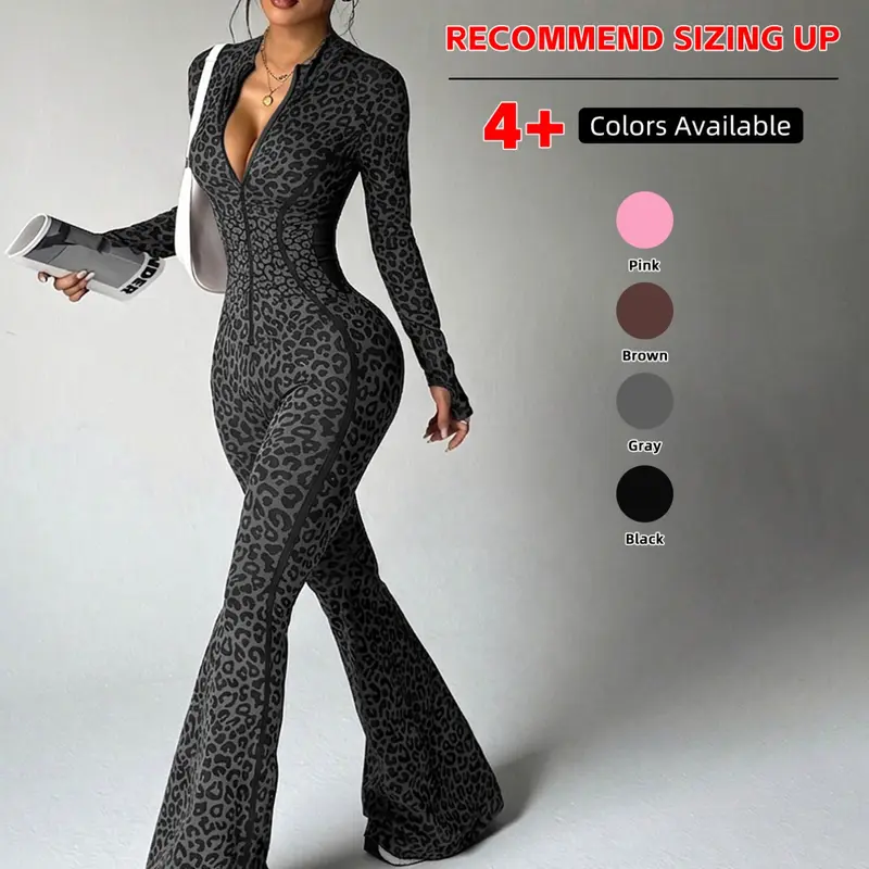 【Black Friday】Women's Seamless Leopard-Print Yoga Jumpsuit, High-Waist Butt-Lifting Design, Long-Sleeve Zip-Front Slim-Fit One-Piece Activewear for Yoga and Workouts