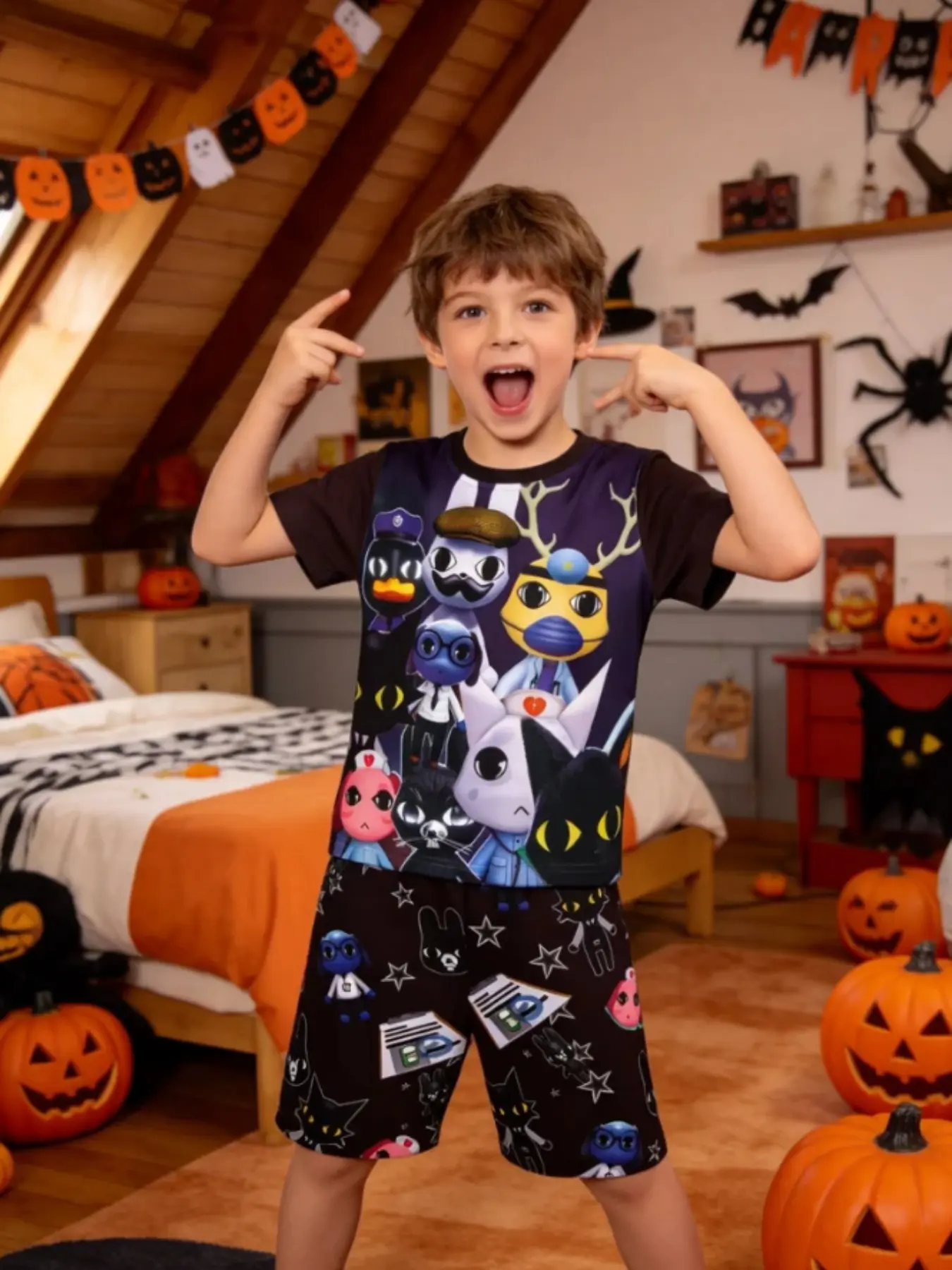 Animal Hospital Role Play Costume, Cartoon Print Short Sleeve T-Shirt + Shorts Set, Halloween, Back-To-School Wear, Ages 5-14