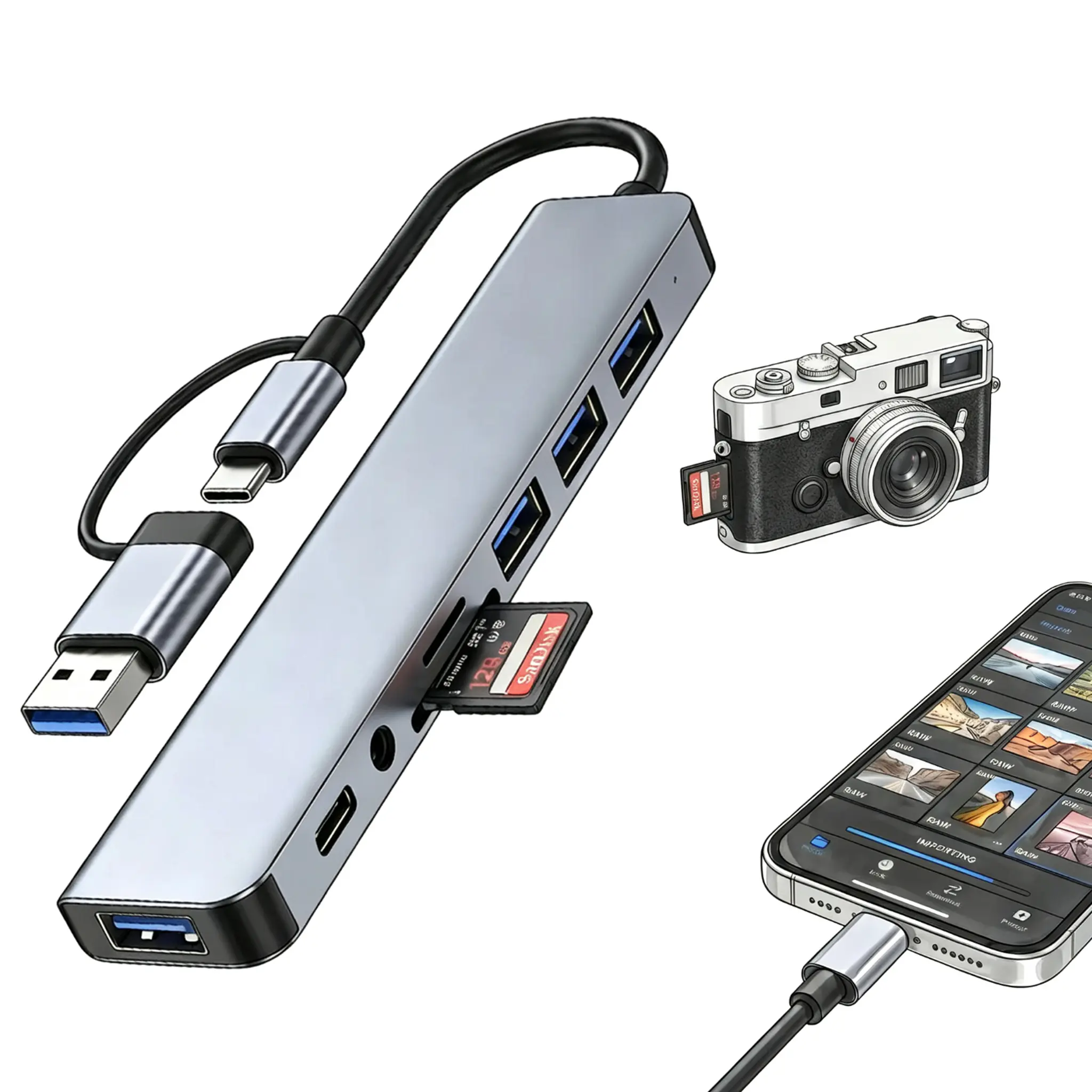 USB-C 8-Port Hub Expander with 4 USB 3.0 Ports 1 USB-C Jack TF/SD Card Reader 3.5mm Audio Output-Speed Data Transfer for iPhone 15 16 17 iPad Pro Laptop Galaxy Phones High