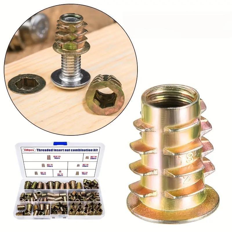 Threaded Inserts Set, 130pcs & 70pcs Nut Combo Tools for Woodworking, Durable Metal Bolts & Screws, Ideal for DIY Projects