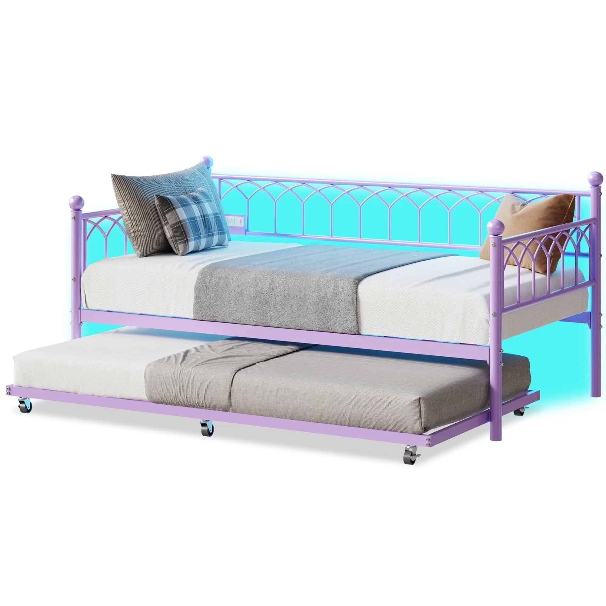 Twin Size Heavy Duty Metal 2-In-1 Daybed with Pop-Up Trundle, Charging Station, LED Lights - Multi-Port, Space-Saving, Transforming Multi-Functional Sofa Bed for Bedroom, Small Spaces, Multi-Port Beds, Space-Saving Beds