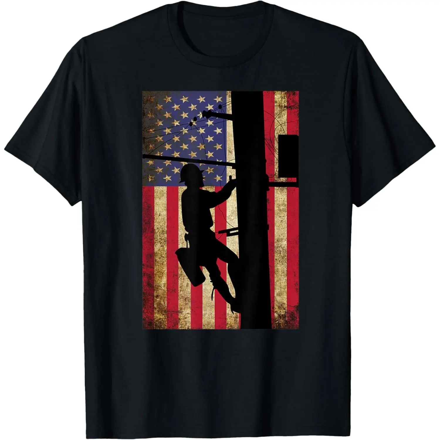 Men's Classic Breathable Short-Sleeve Cotton Lineman T-Shirt - Menswear Streetwear Outfit with American Flag Graphic, Electric Cable Utility Worker Print, Matching Day Wear
