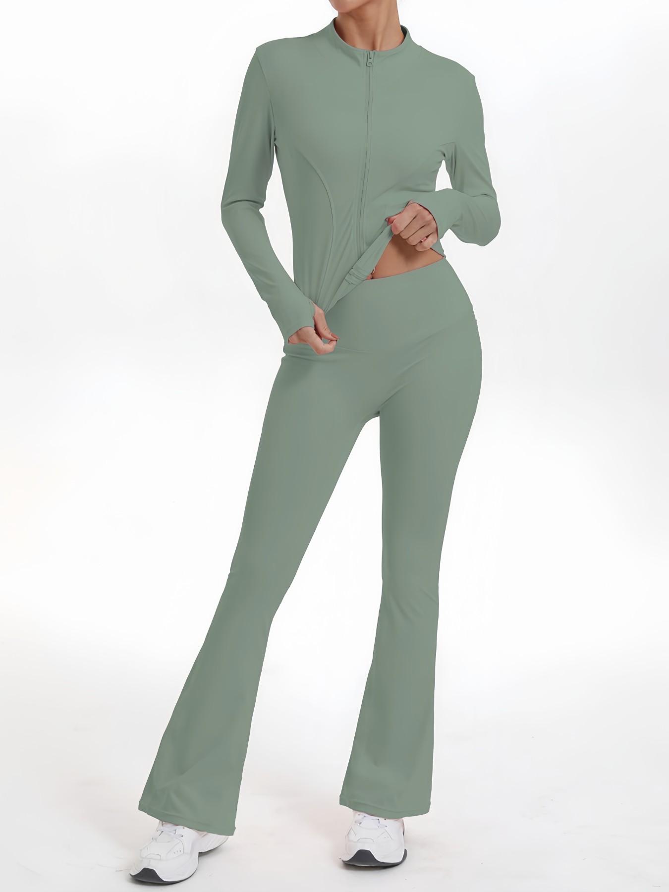 Women's High Waist Yoga Set, Stand Collar Full Zip Jacket & Wide Leg Pants, Soft Comfortable Gym Training Running Cycling Hiking Golf Tennis Yoga Bottoms