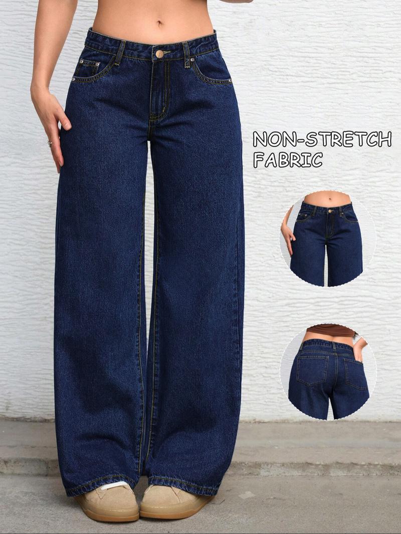 Women's Solid Color Denim Jeans Deep Blue Washed Mid-Waist Straight Leg Pocket Pants, Casual Fashion Daily Wear & Gift Idea