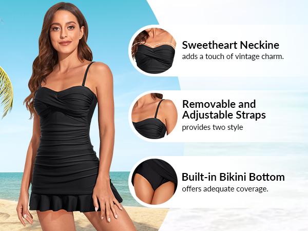 Holipick Women's Tummy Control One Piece Swim Dress Strapless Swimsuit Bandeau Skirted Bathing Suits