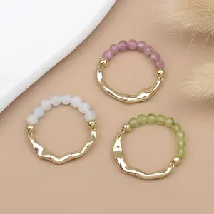 Wholesale 3MM Natural Stone Amethyst Rose Quartz Faceted Beads Round Beads Brass Stretchable Rings Fashion Jewelry For Women