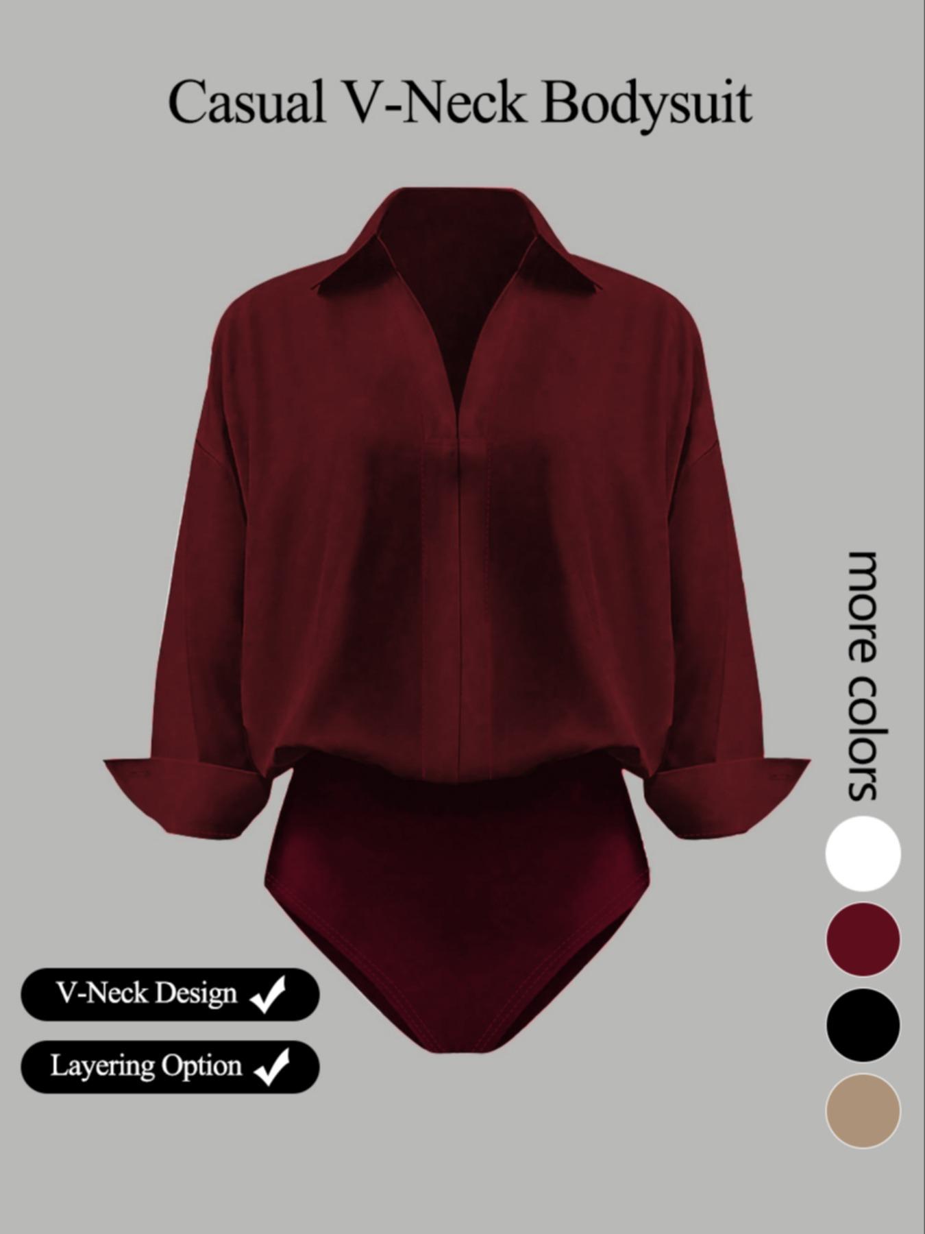 Women's casual loose V-neck long-sleeved shirt jumpsuit, elegant lightweight woven fabric, slim fit, fitted, suitable for all seasons, and can be layered flexibly.