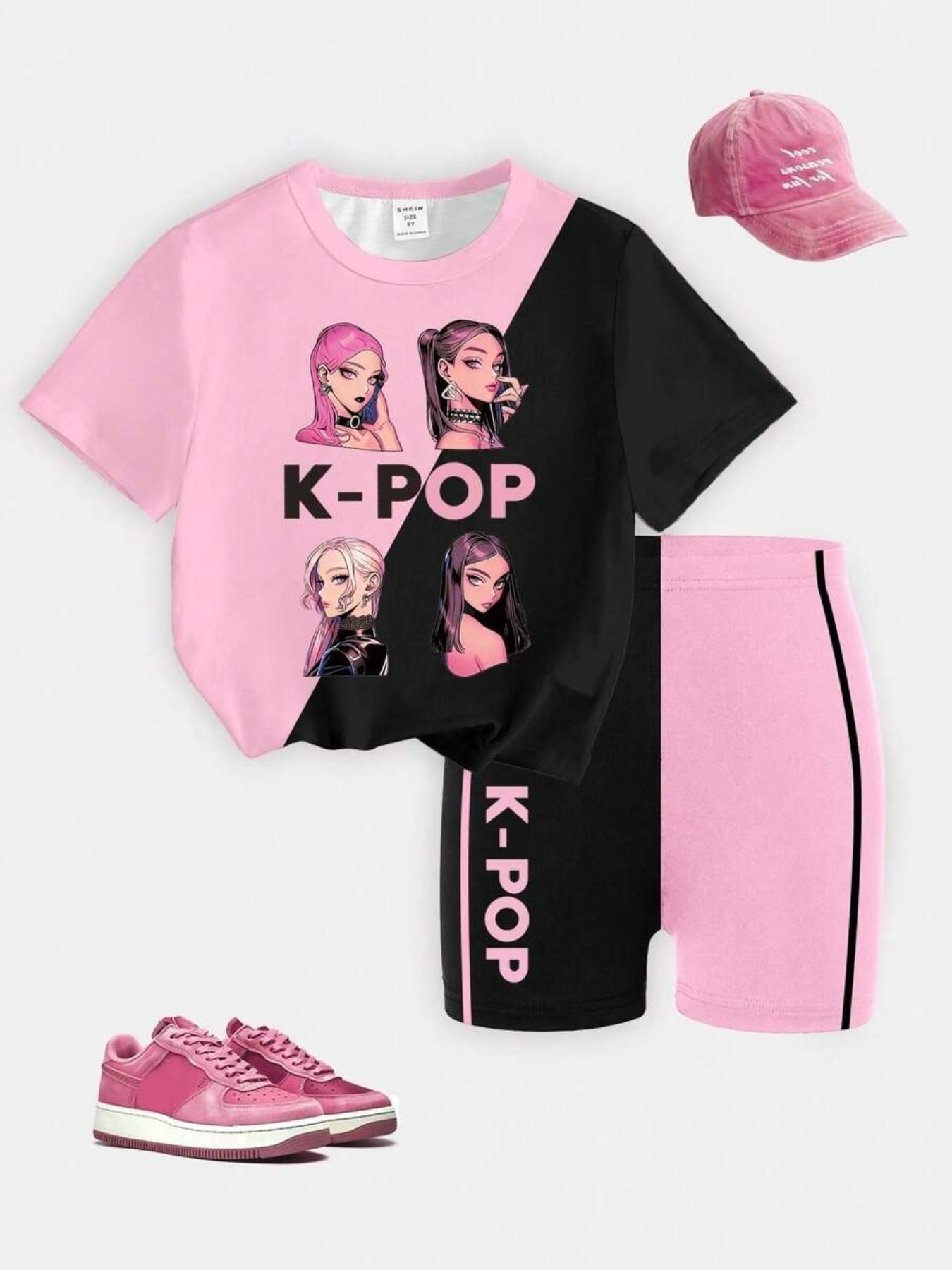 K-Pop Girl Summer, Colorblock Letter Print T-Shirt + Slim Fit Shorts, Stage Performance Costume, Cartoon Pattern