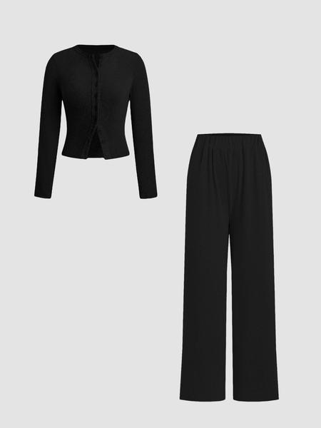 Two-piece Set Women's Solid Button Front Ribbed Crop Top & Elastic Waist Pants, Casual Long Sleeve Outfits for Spring & Fall, Women's Clothes for Daily Wear, Airport Outfit