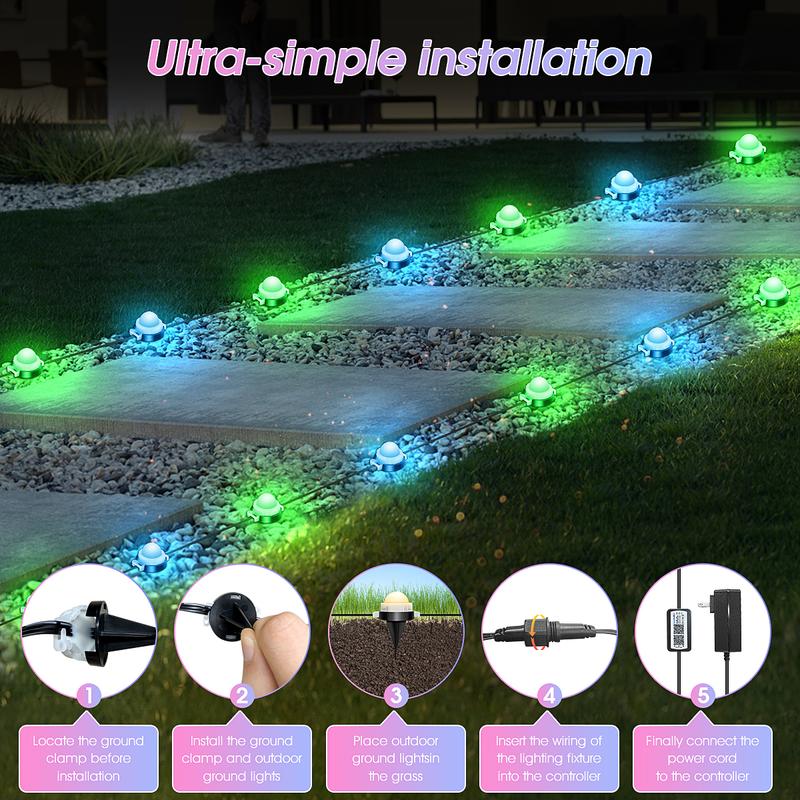 Customizable Ground Lighting 50ft/100ft/150ft RGB+IC Smart Path LightLight Outdoor Waterproof IP67 App and Remote Control with Music Sync 63 Color Changing Modes Timer Voice Control via Alexa for Lawn Garden Patio Yard Decoration