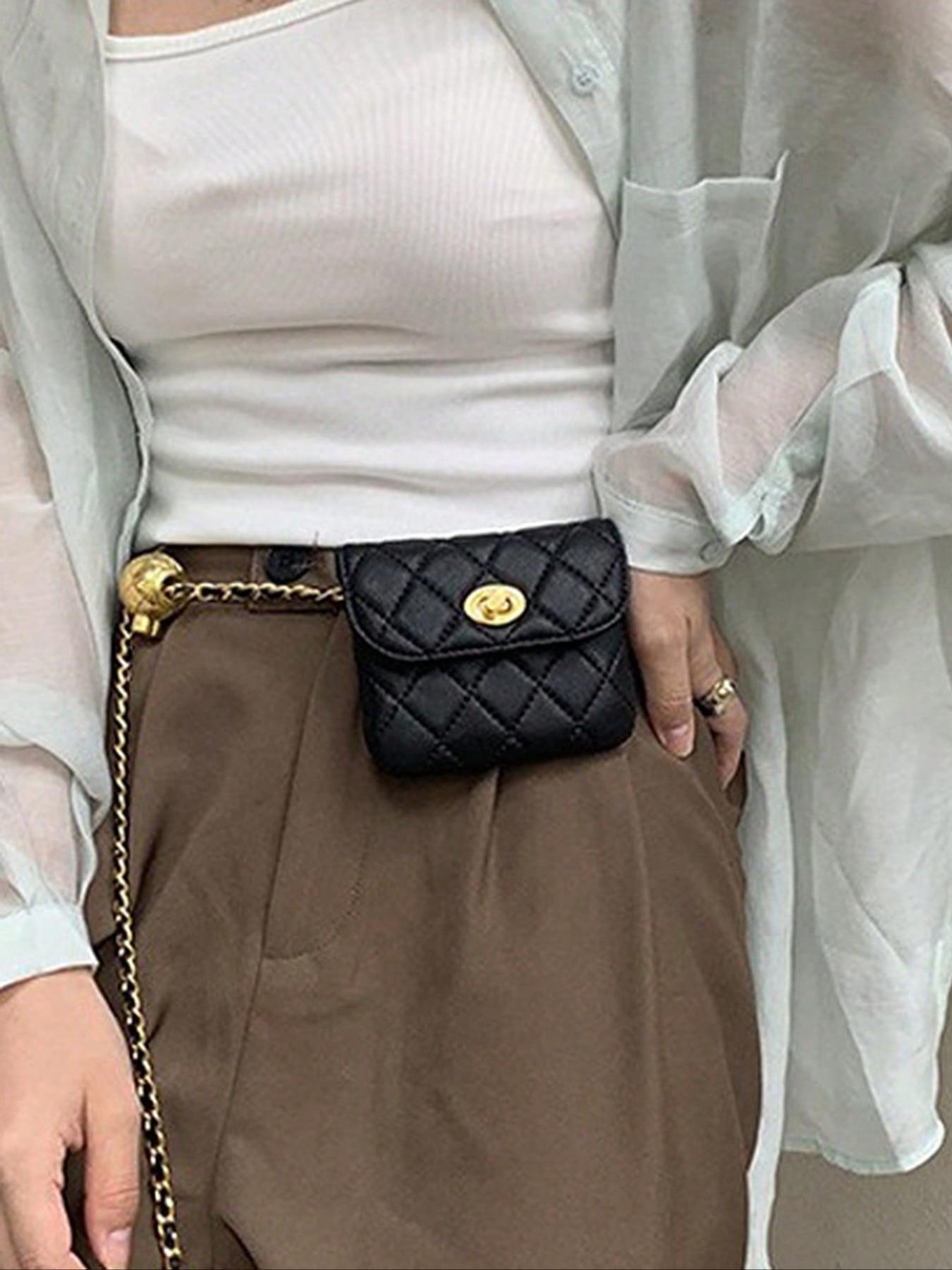 Women's Elegant  Quilted Design Chain Belt Bag,  Style Fashionable Pu Leather Fanny Pack for Daily Used, Casual Trendy Versatile High-quality Daily Commuting Bag