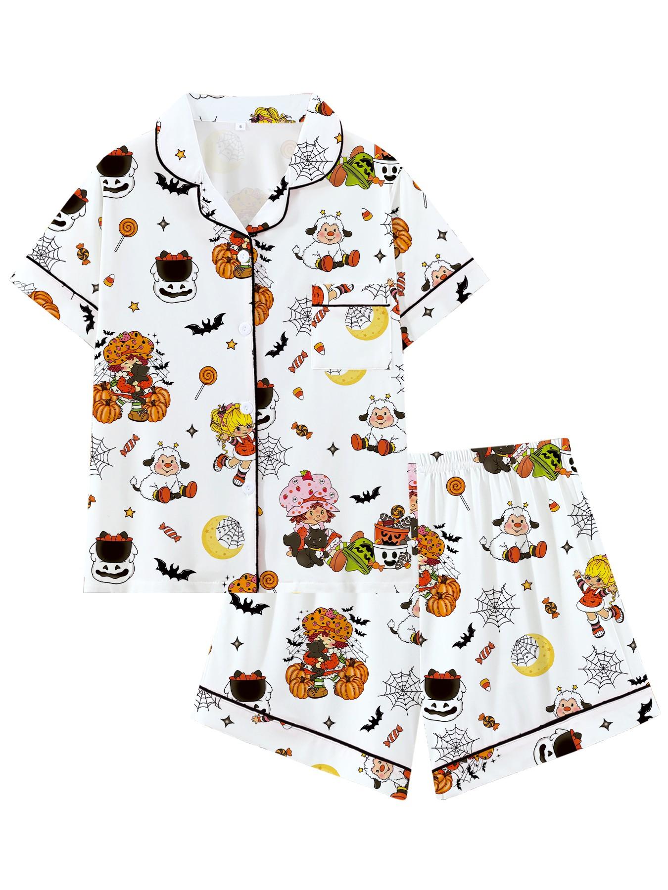 【Halloween】Retro Strawberry Girl Halloween Collared Pajama Set | Cute 80s Nostalgic Cartoon & Pumpkin Print Sleepwear | Soft Short Sleeve Button Down Lounge Outfit | Fun Summeroween 2-Piece PJs with Black Piping Pj Sets