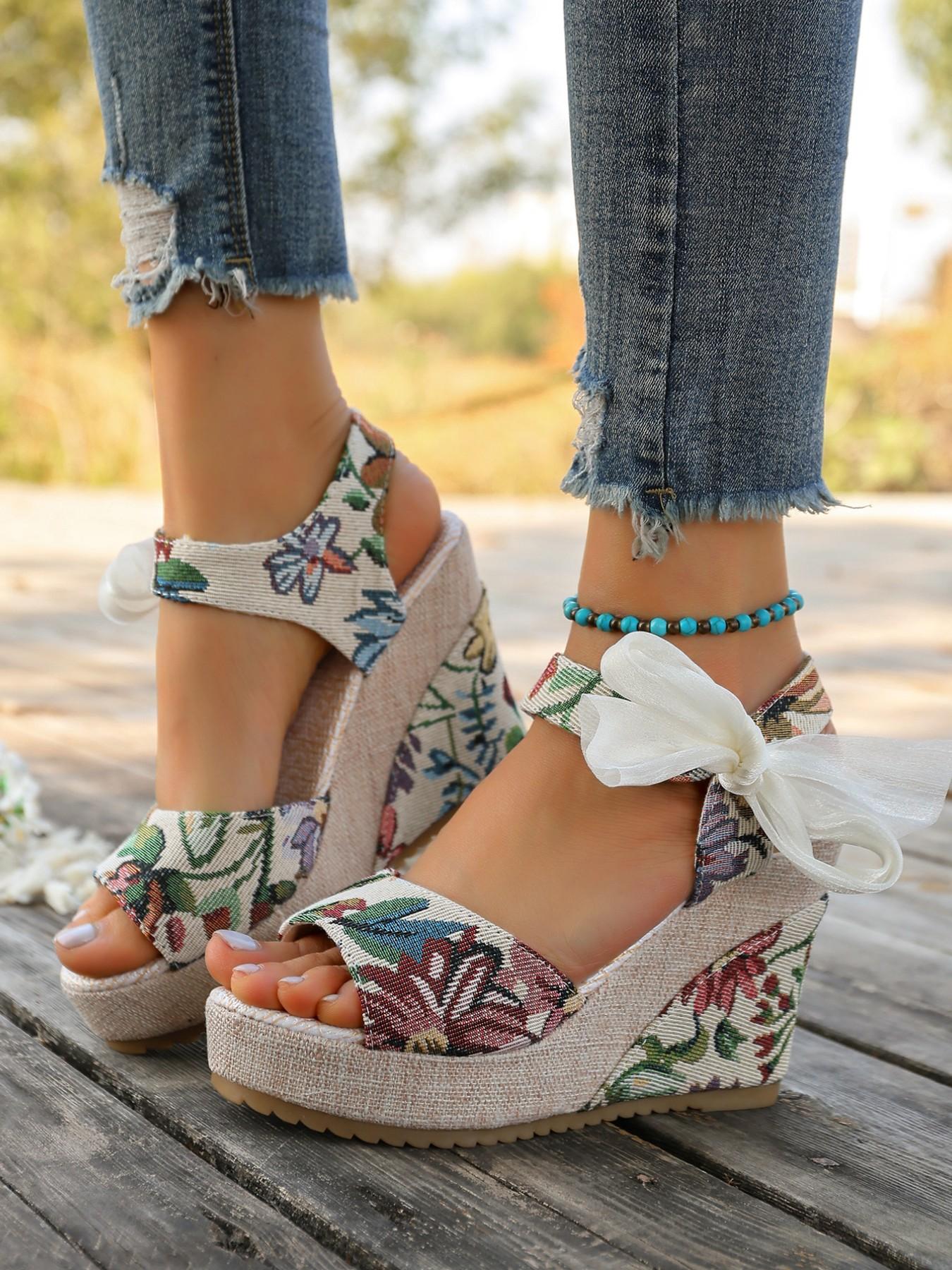 Women's Boho Floral Embroidery Organza Butterfly Heel Sandals, Thick Sole Heightening Open-Toe Strap Shoes, Ethnic Beach Vacation Casual Comfortable Outdoor Wear