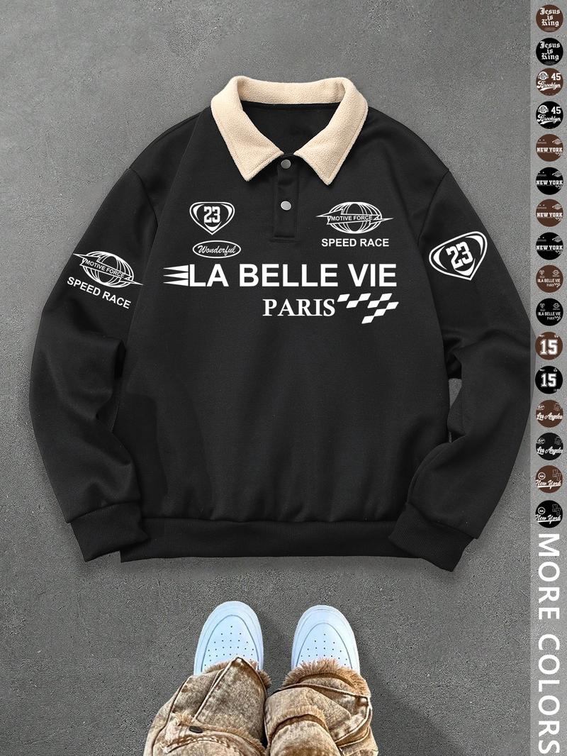 Unisex Y2K Style New York Letter Print Polo Sweatshirt, Thick Retro British Aesthetic Lamb Wool Collar Pullover for Streetwear Casual Wear