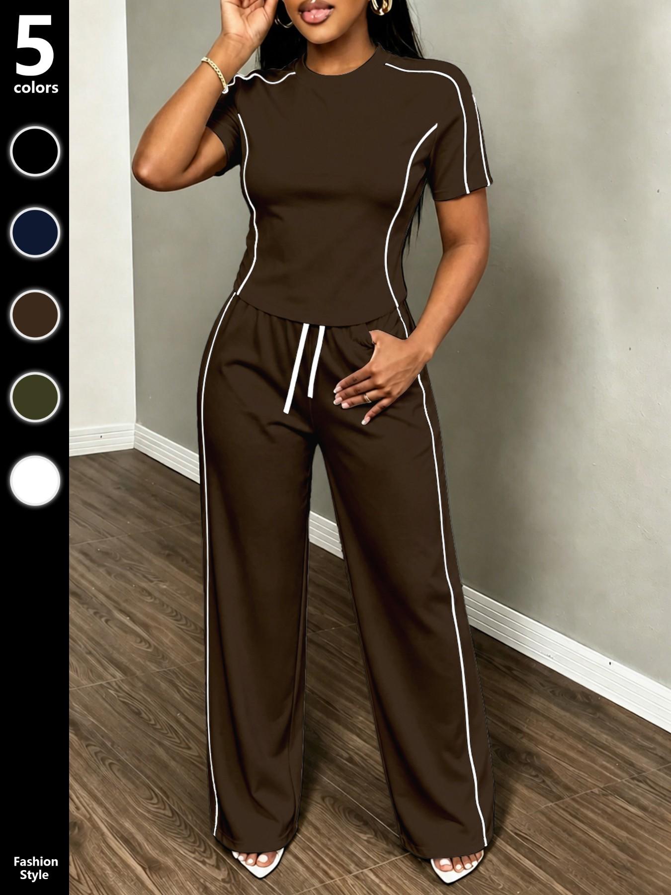 Women's Spring Summer Sporty Two-Piece Set, Fitted Round Neck T-Shirt & Wide Leg Pants, Casual Outdoor Wear, Multiple Colors Available, Sports Activewear Set