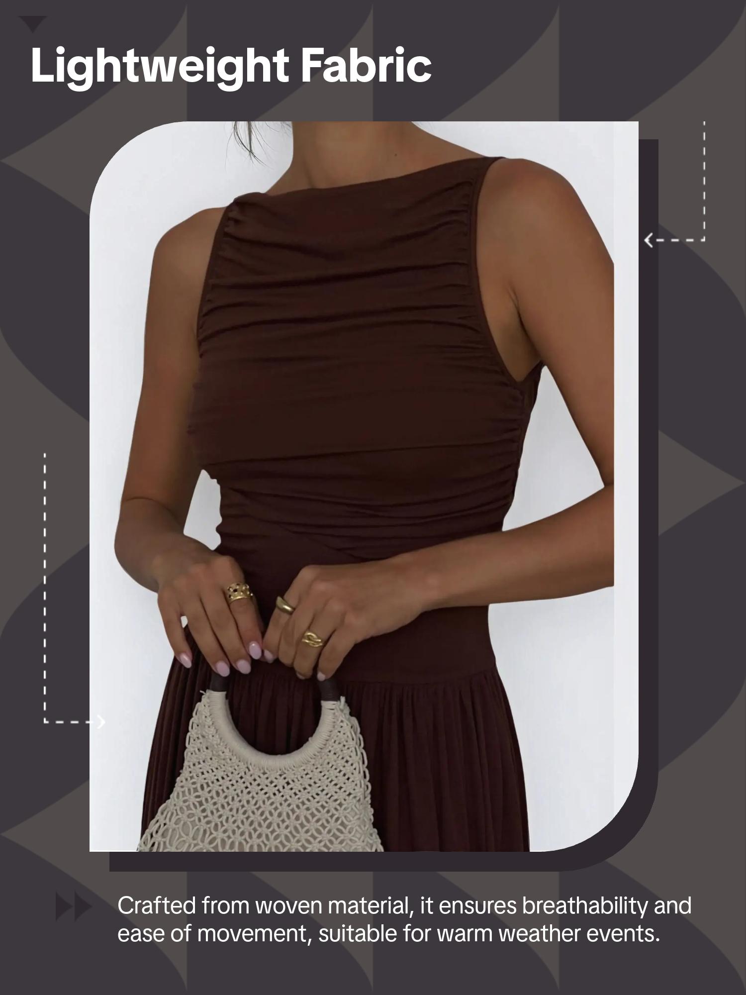 Women's Solid Color Slim Fit Ruched Woven Dress, Elegant Chic Sleeveless Long Dress for Party Holiday Wedding Guest, Ladies Clothes for Summer, Womenswear