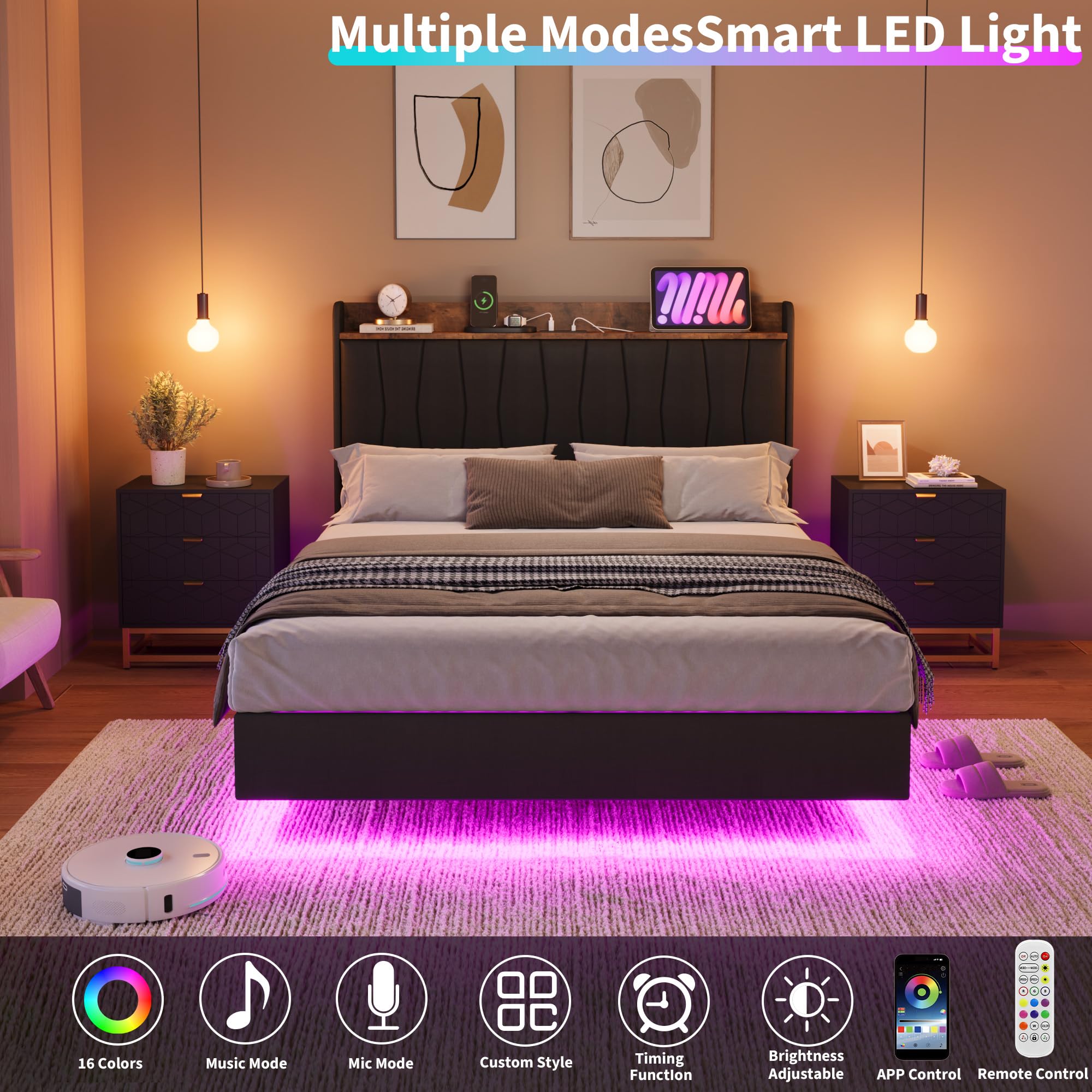 Floating Bed Frame with LED Lights & Charging Station, Upholstered Platform Bed with Storage Headboard, Wood Slats Support, No Box Spring Needed, Easy to Assemble