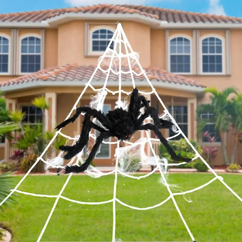 Halloween Giant Triangular Spider Web Decorations, Stretchable Large Spider Web Equipped with Hooks and Ground Stakes, Scary Decor Props for Haunted House, Halloween Party, Indoor & Outdoor Lawn, Yard and Garden