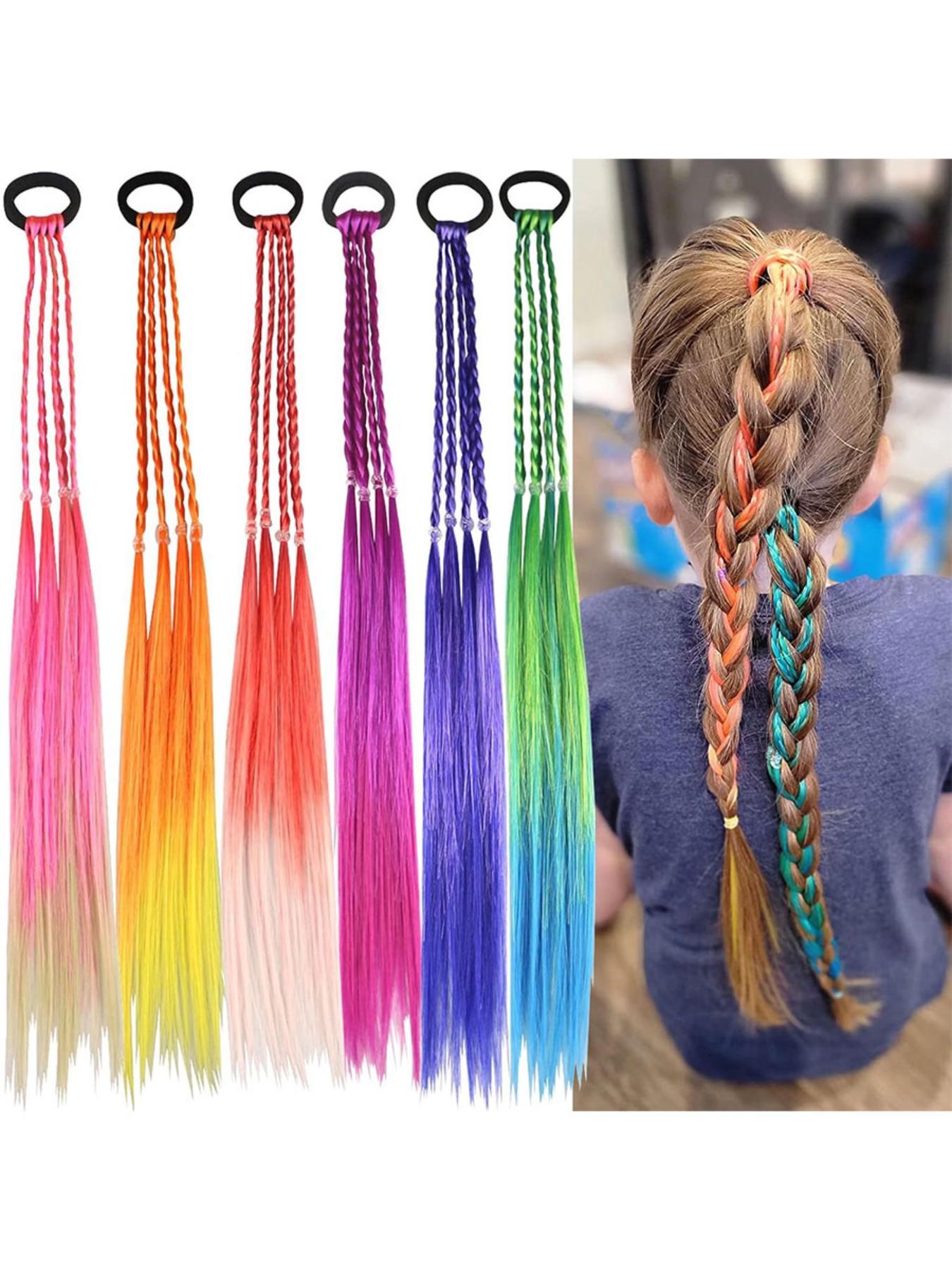 Girls' rainbow braid hair extensions, children's ponytail hair extensions, girls' hair accessories, challenging braid hair extension styles, 6 crazy accessory headbands