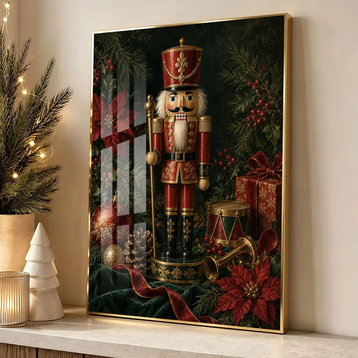 [2D Flat] 1pc Christmas Nutcracker Soldier Aluminum Alloy Frame Canvas, Modern Frame, Home Decor For Living Room, Hallway Wall Decor, Luxury Perfect Gift For Christmas And Halloween, Print Artwork.