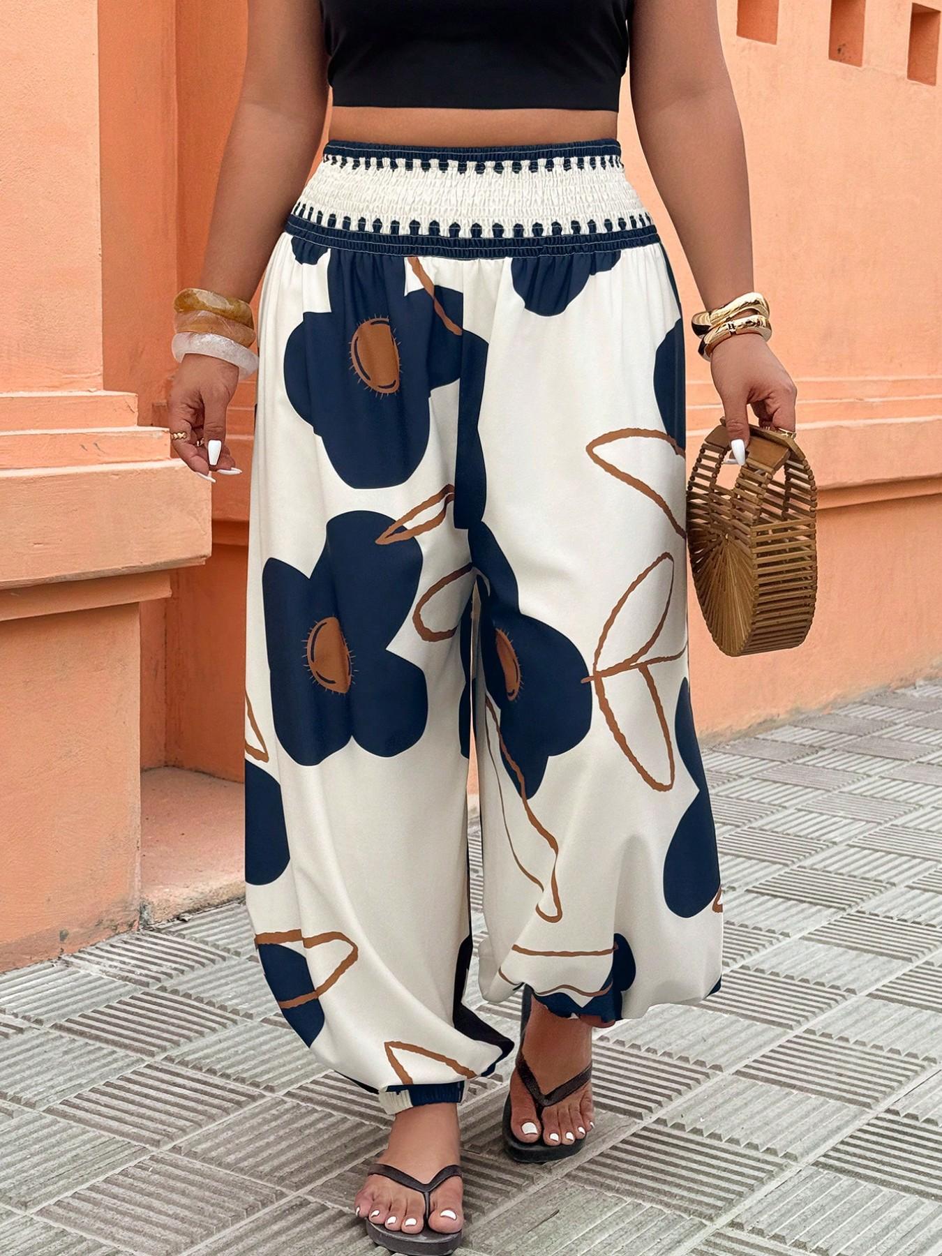 Women's High-Waisted Lantern Pants, Fashion Elastic Cuffed Long Pants for Holiday, Floral Print, Comfortable and Stylish Summer Wear, Casual Trousers, Ladies Bottoms, Womenswear