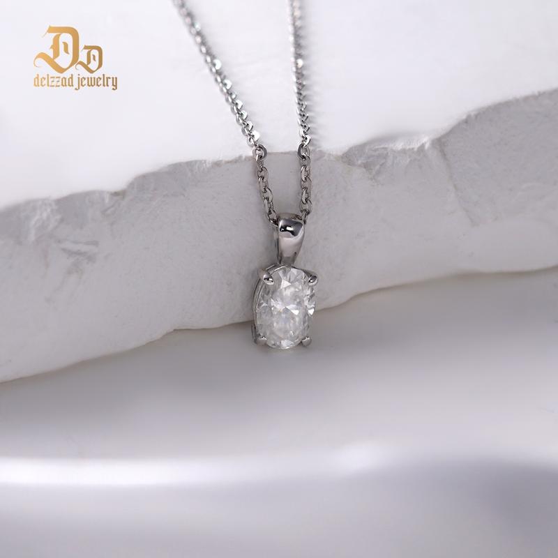 Delzzad 1ct Oval Prong Pendant VVS Synthetic Moissanite S925 Women Solitaire Necklace Chain Perfect for Any Occasion & Everyday Wear Birthday Anniversary Mother's Day Christmas Gifts