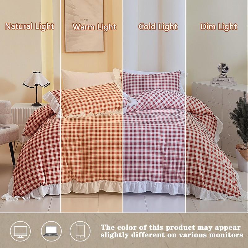 3Pcs Pink Orange Plaid Bedding Set with Ruffle Design, 1 Duvet Cover + 2 Pillowcases, No Filler, Soft Comfortable Fabric for Bedroom Decor