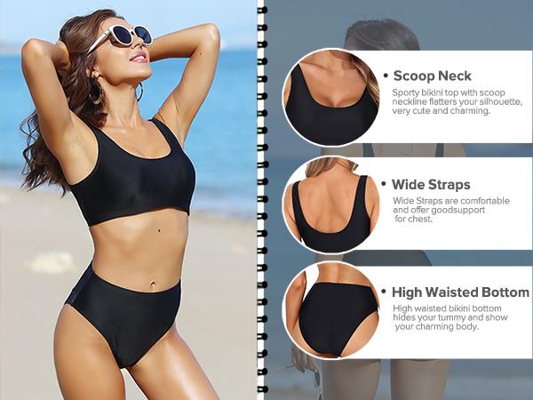 Tempt Me Women Two Piece Scoop Neck Bikini Crop Top High Cut Swimsuit Sporty High Waisted Bathing Suit with Bottoms