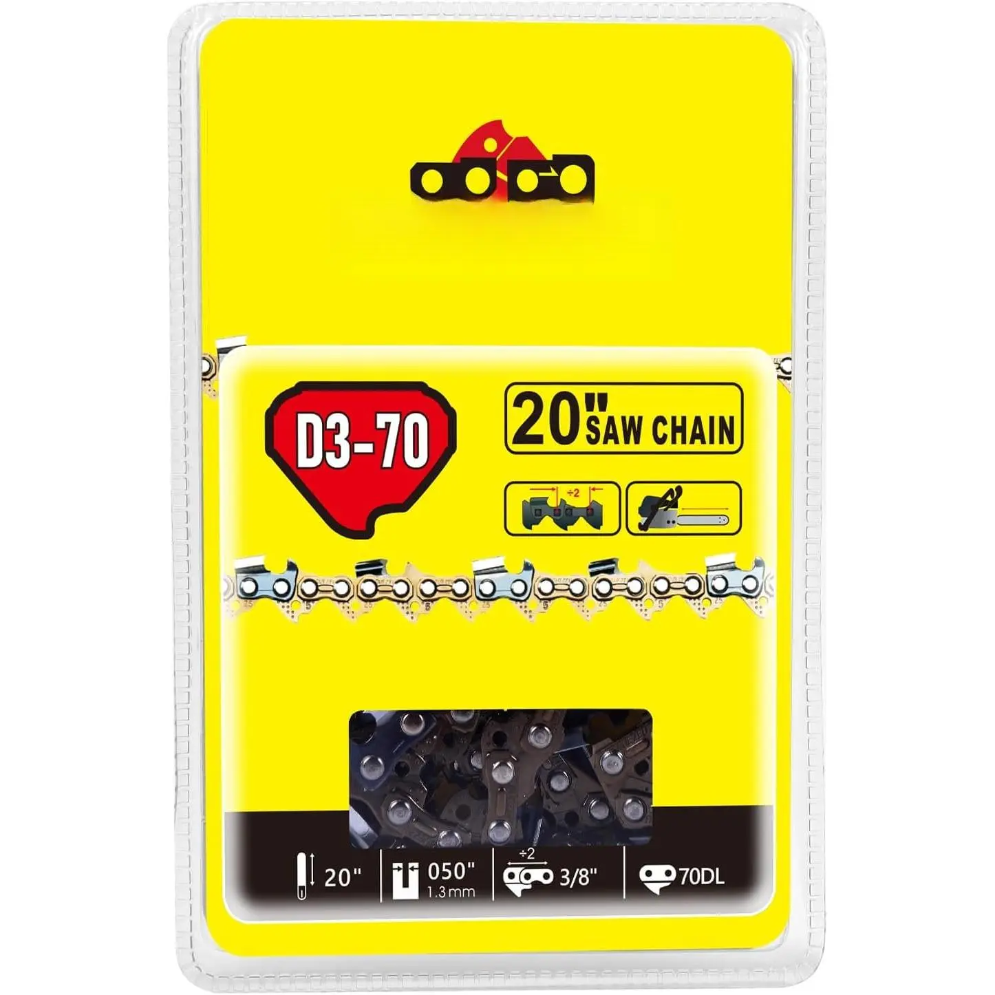 Alloy Steel Chrome Plating Chainsaw Chain - 3/8 in, .050 in Gauge, 70 Drive Links, Fits 20 in Bar for Poulan, Greenworks, Makita, EGO