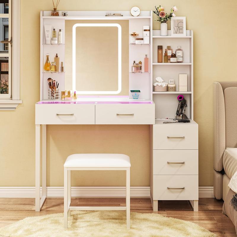 Vanity Desk with Mirror and LED Lights, 57.5" Makeup Vanity with Glass Top & Wireless Charging, Vanity with RGB Drawers, 3 Colors Light, Power Outlet Safety Switch for Bedroom, White