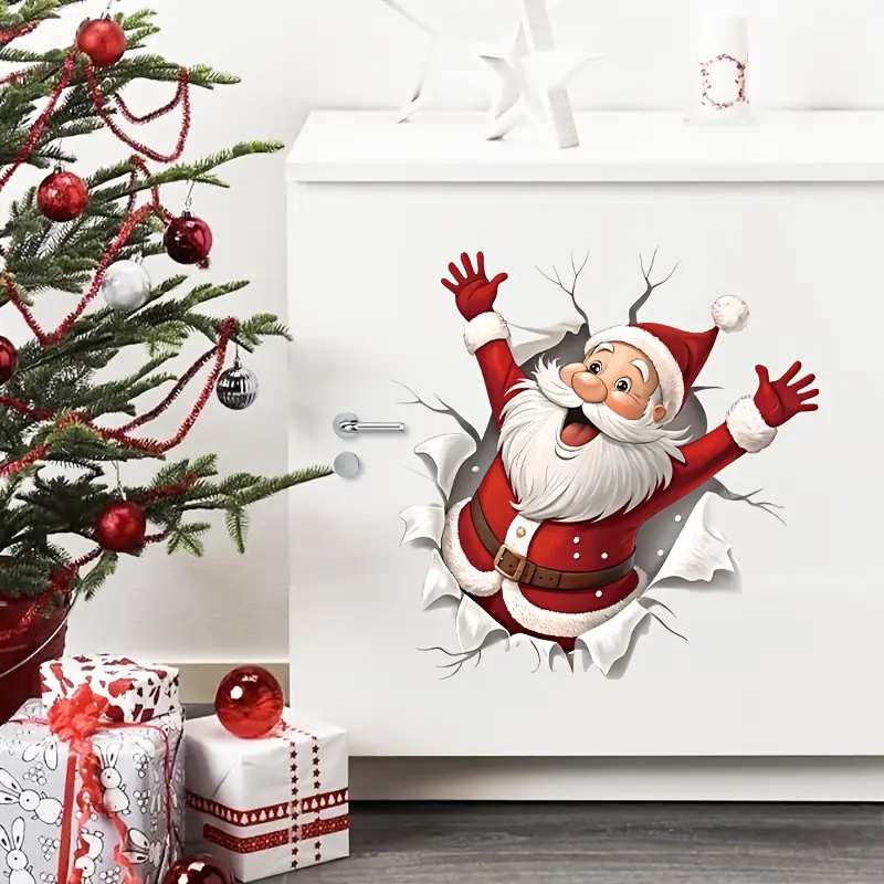 1pc Santa Claus breaks through the wall and comes out of the toilet sticker self-adhesive PVC matte bathroom decoration can be removed without leaving residue cartoon Christmas design with dynamic Santa Claus and snowflake tearing effect
