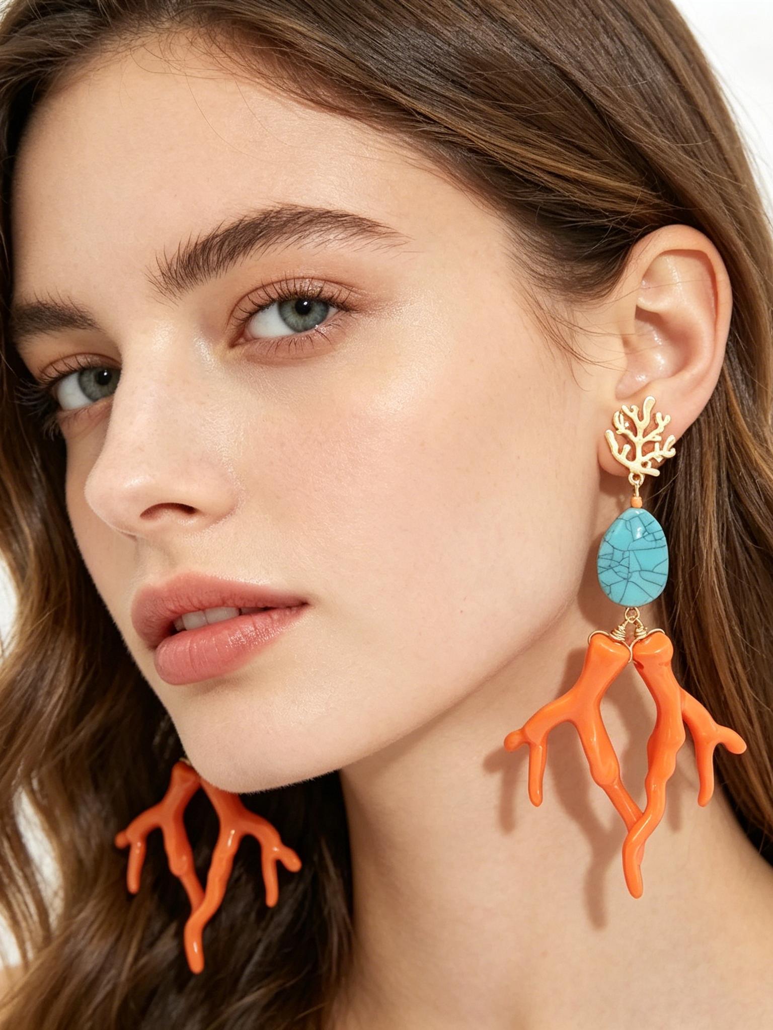 Boho Turquoise Geometric Acrylic Coral Earrings, Multicolor Fashion Alloy Ear Studs, Ocean Casual Vacation Style Jewelry