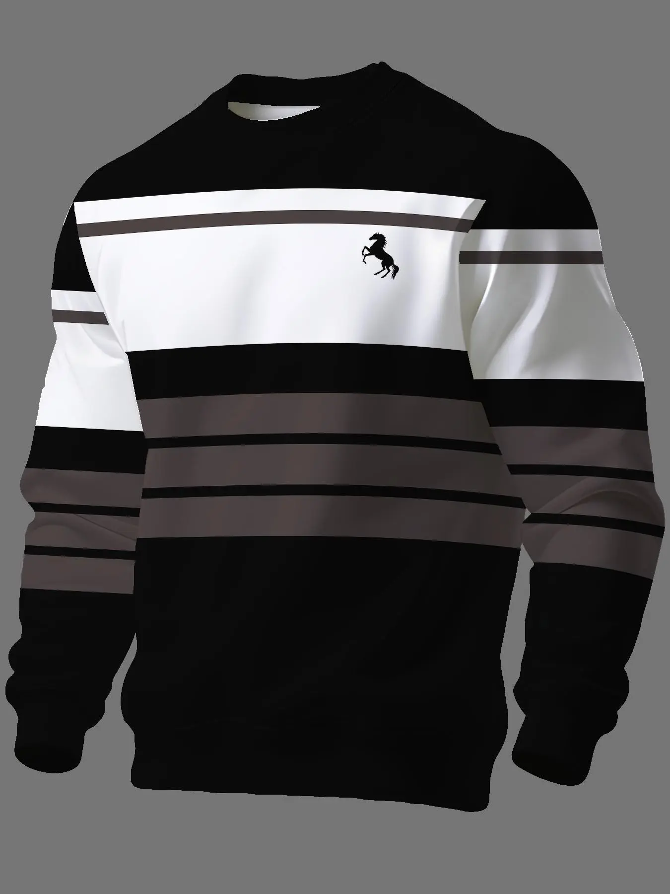 Men’s Striped Crew Neck Sweatshirt with horse graphic print, multi color options. Classic round neck pullover, stripe color block design, stylish for daily casual and street outfits. #mensweatshirt #stripedtop #graphicstreetwear