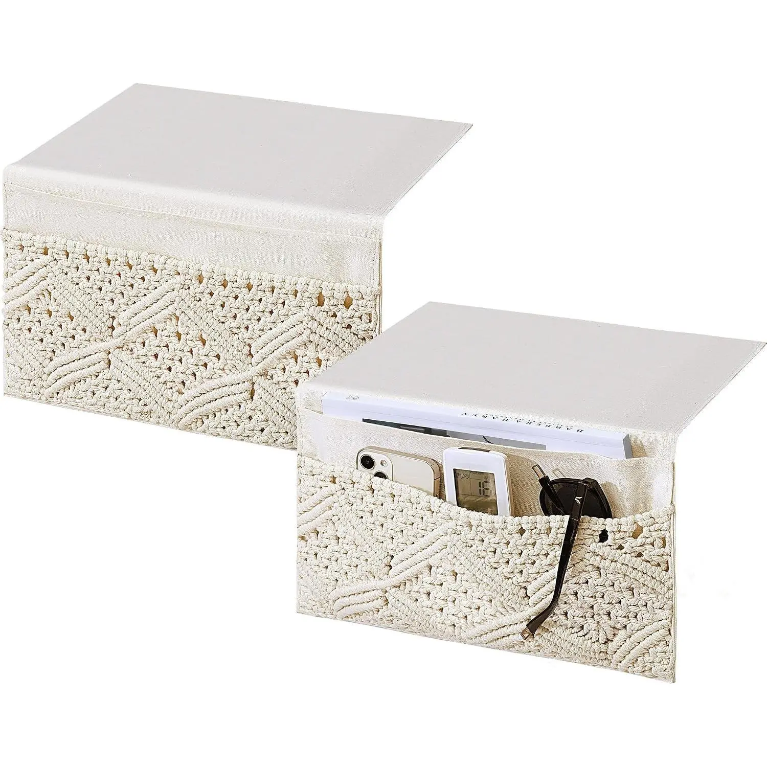 2 Pcs 17.3 x 13 Inch Macrame Bedside Caddy Storage Organizer Hanging Boho Remote Control Holder Bedside Storage Basket for Home Couch Tablet Magazine Holder for TV Remote Control Living Room