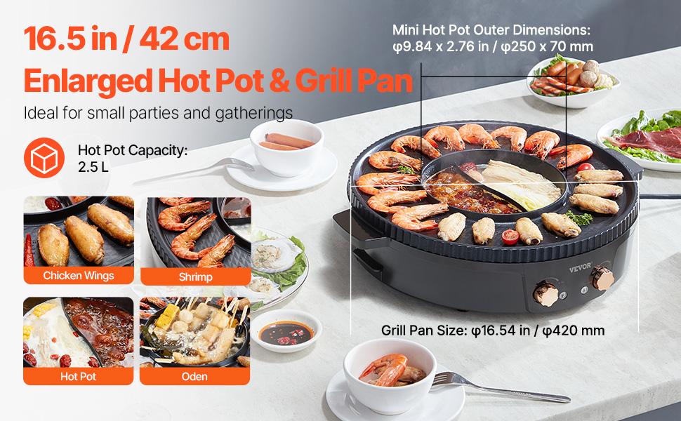 VEVOR 1800W Power 2-in-1 Electric Smokeless Hot Pot Grill, Korean BBQ Shabu Shabu with Separate Dual Temp Ctrl, Non-Stick Pan for Family Dining (2-8 People)