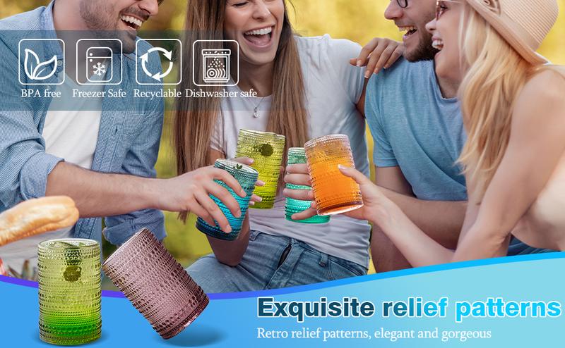 Polidream Vintage Glassware Set - 4pcs Drinkware Multicolor 15.2oz Hobnail Drinking Glasses for Beer, Cocktail, Soda & Juice - Embossed Old Fashioned Glassware with Four Unique Colors   wineglass anthropologie  juice