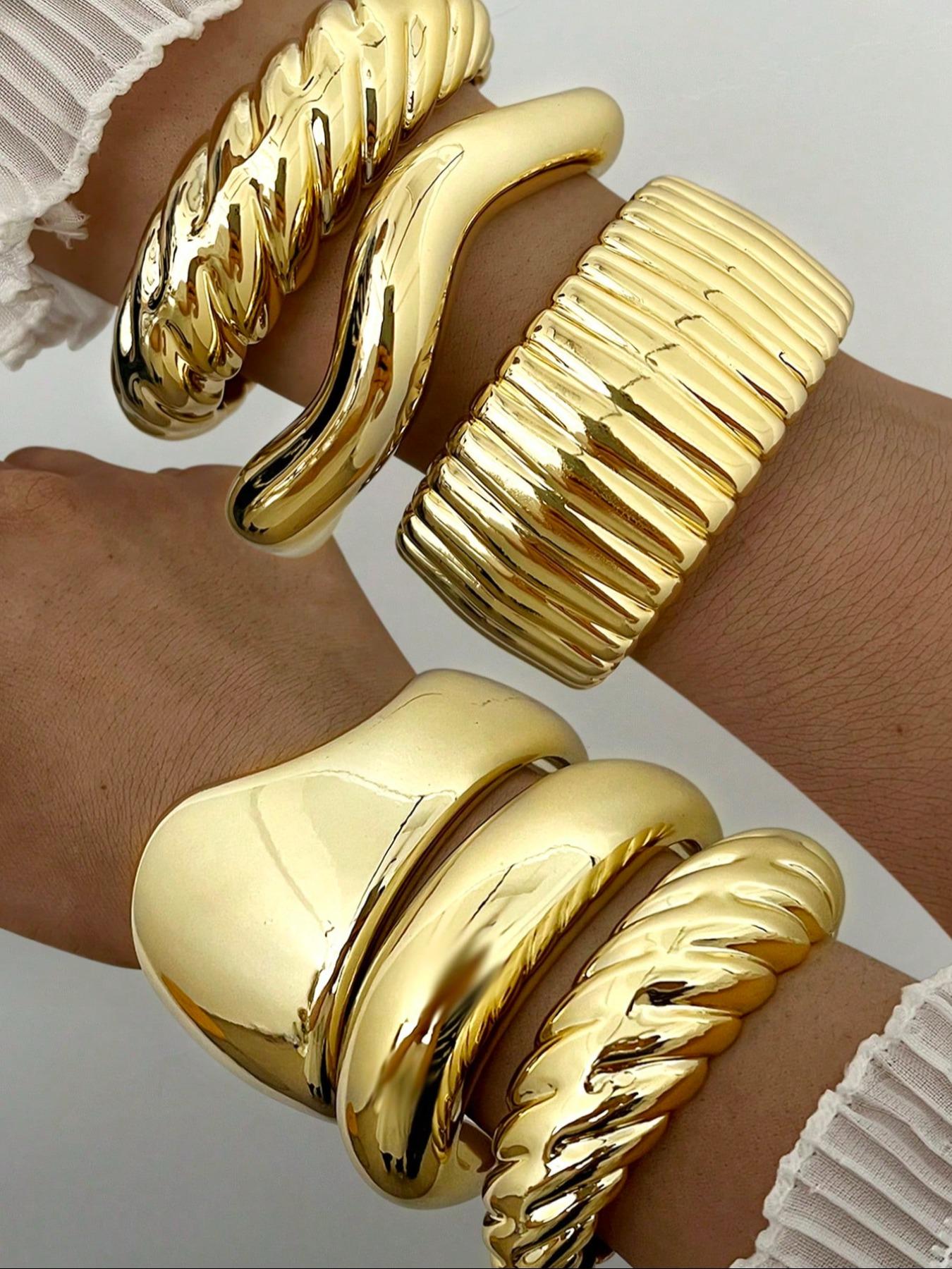 Women's Chunky Vintage Elegant Flower Geometric Link Bracelet Set, Stackable Bracelets, Multi-Layered Design, Fashionable Jewelry Gift for Women