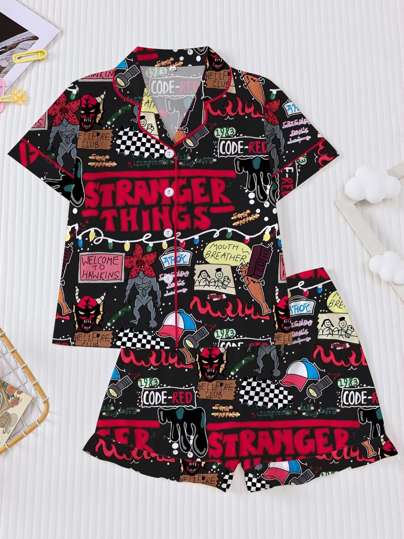Stranger Things Kids Pajama Set, Cartoon Print Short Sleeves & Loose Fit Shorts, Casual Home Wear for Boys Girls